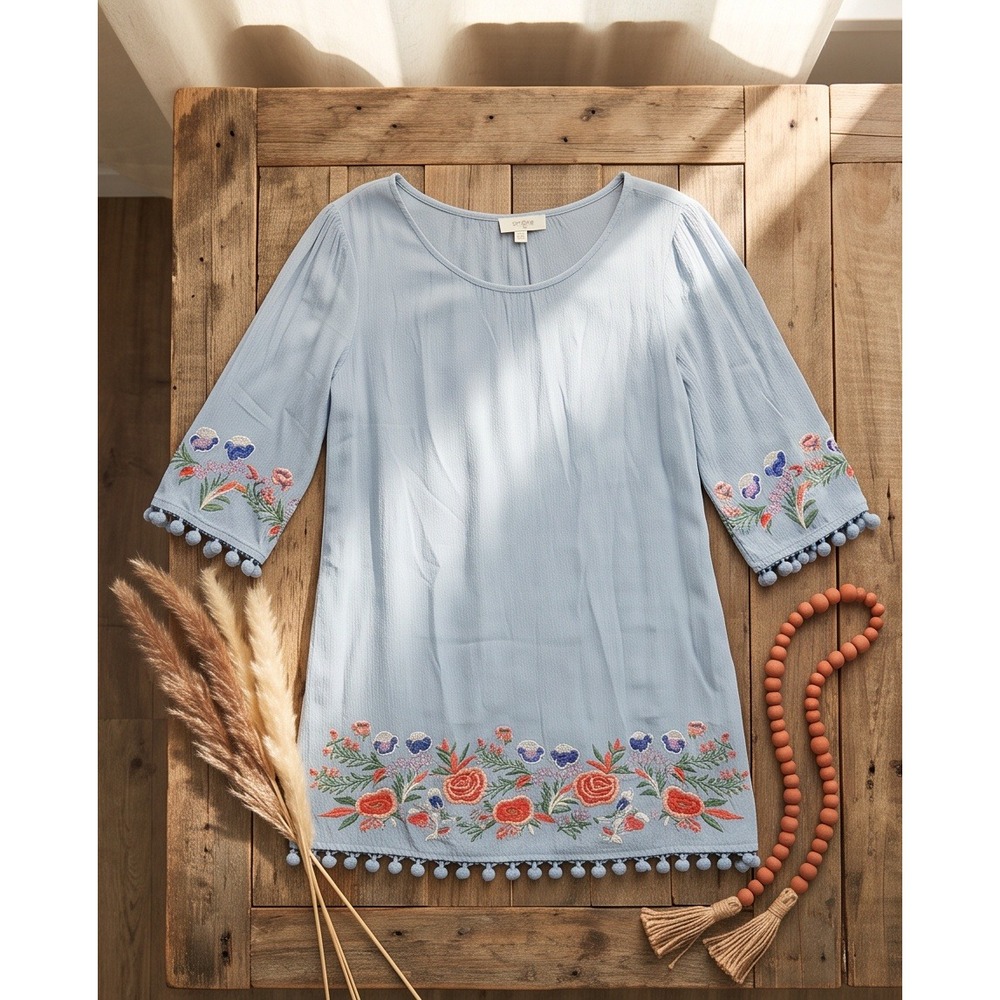 Umgee S Boho Floral Embroidered Pom Pom Trim Tunic Top Blue Small A3096 - Picture 11 of 13